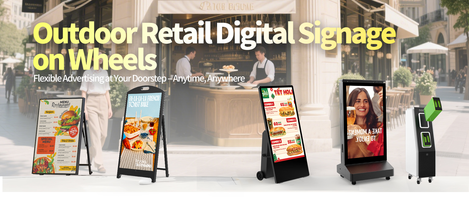 Señalización digital sobre ruedas para comercios minoristas al aire libre