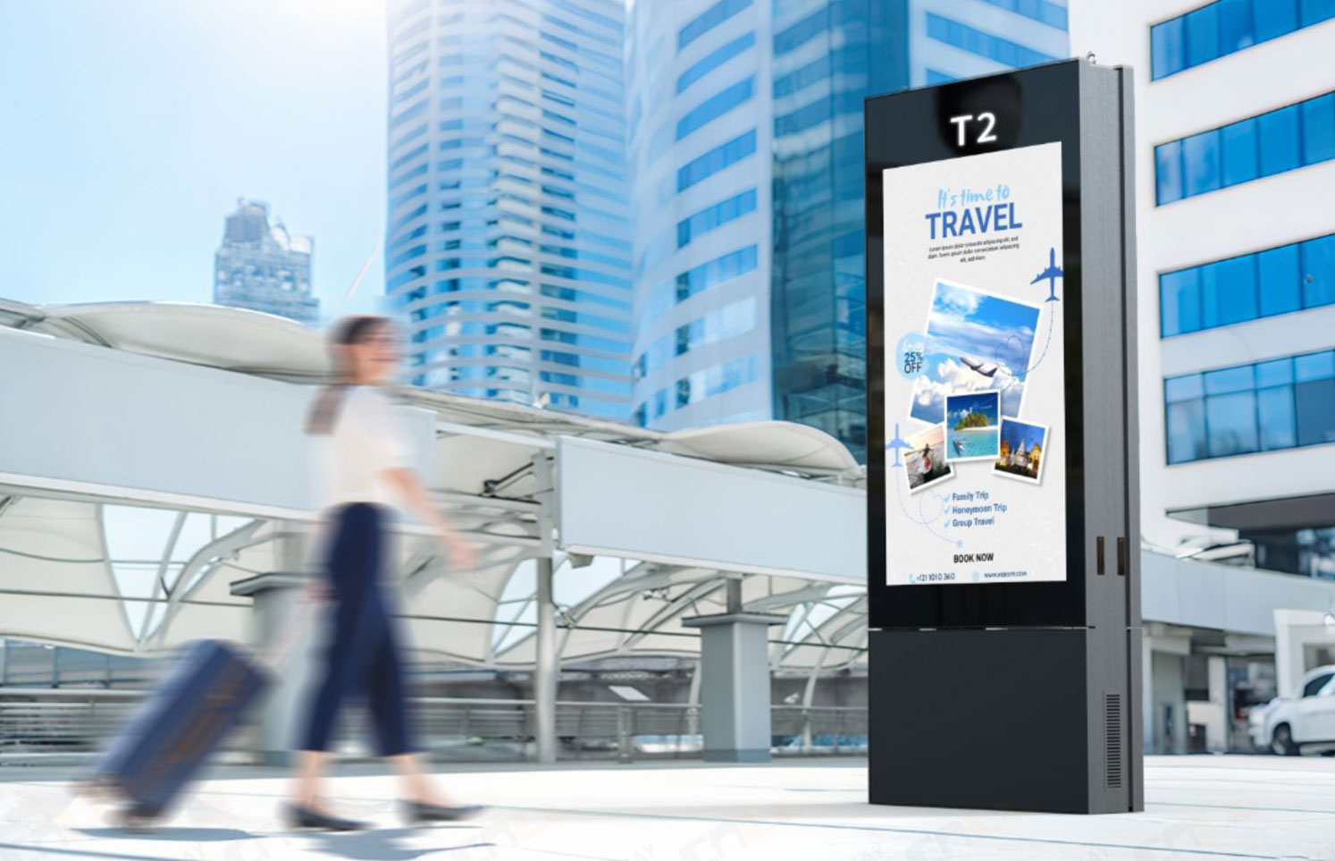 Air-conditioned outdoor LCD totem for airport terminal
