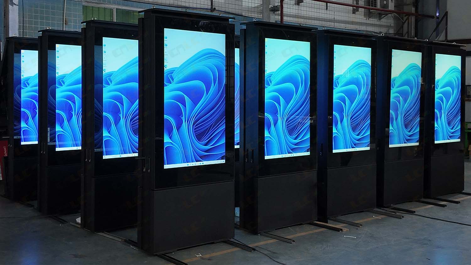 high quality outdoor lcd kiosk with aluminum structure and sleek finish in factory assembly stage