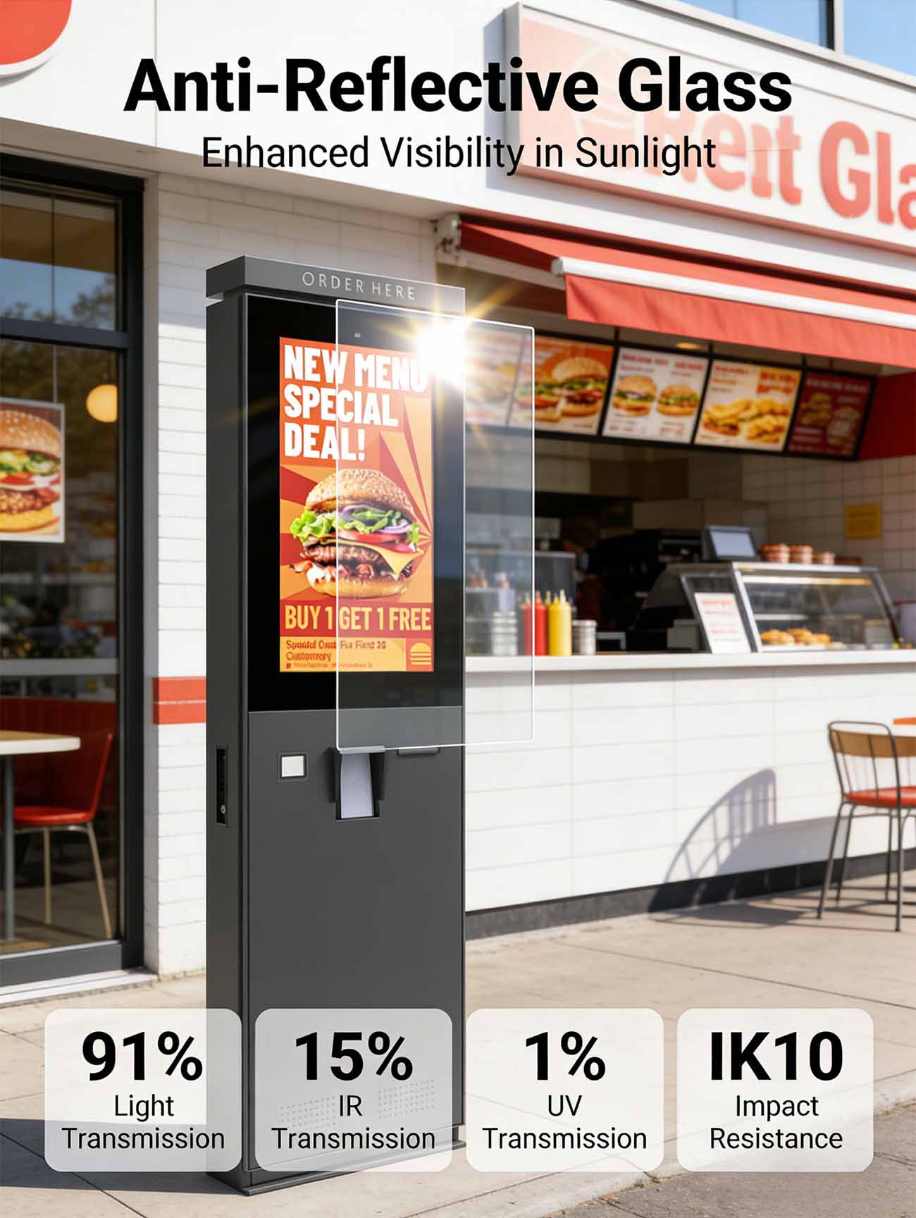 Anti glare glass for outdoor display improving sunlight readability and reducing reflection
