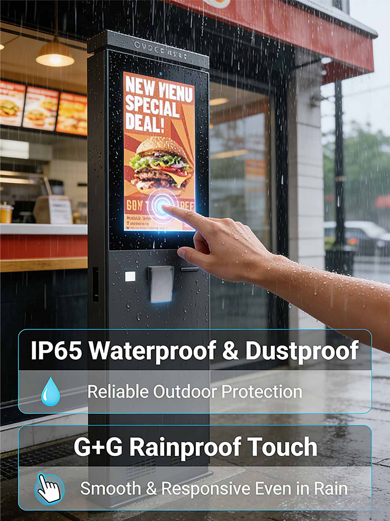 IP65 rated outdoor kiosk with weatherproof and waterproof design for harsh environments