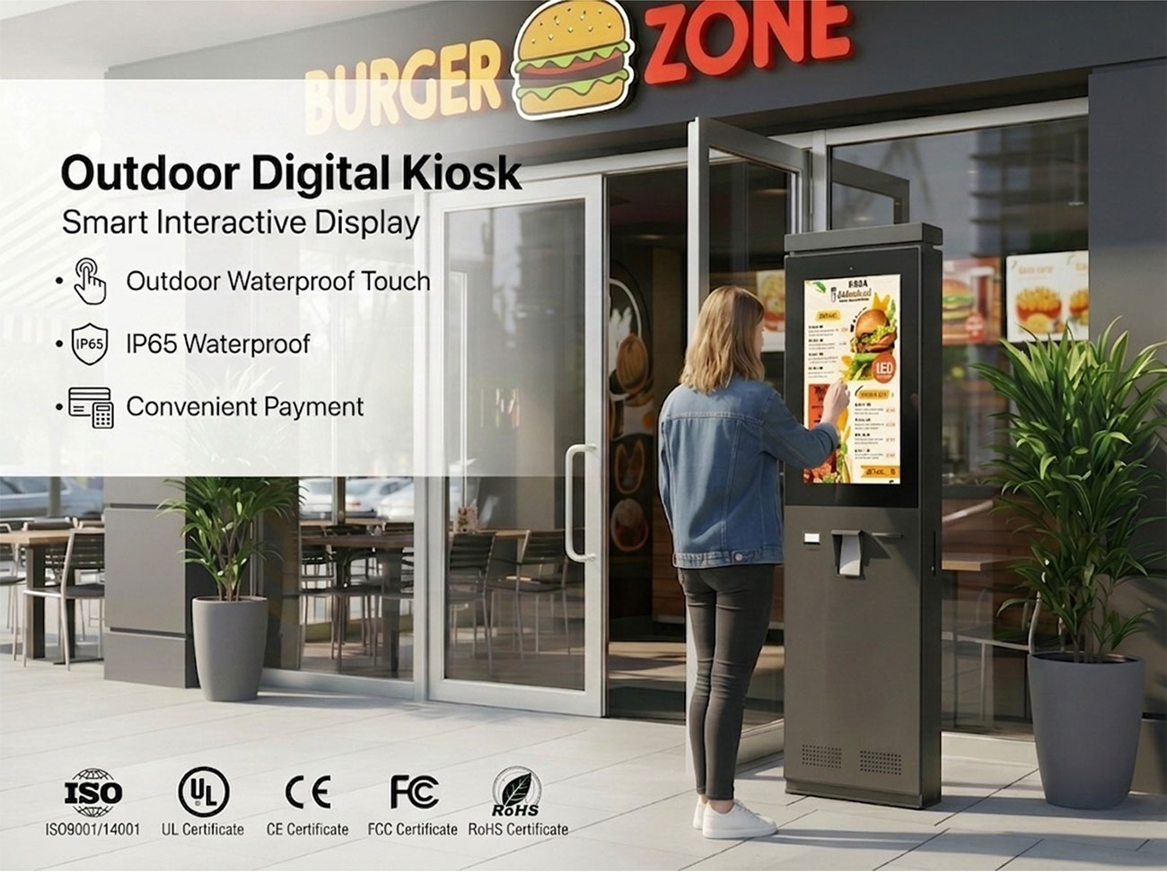 Outdoor interactive kiosk used for smart city wayfinding and public information display in urban environment