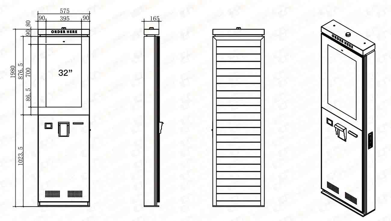 Technical drawing of outdoor kiosk showing dimensions structure and installation specifications