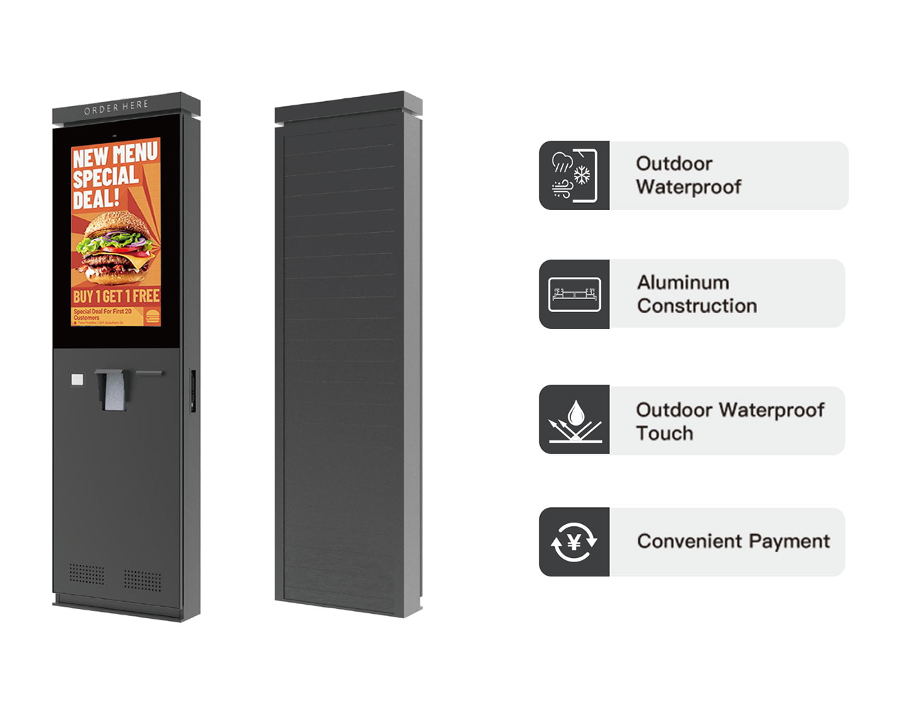 Outdoor touchscreen kiosk with high brightness display and interactive features for self service applications