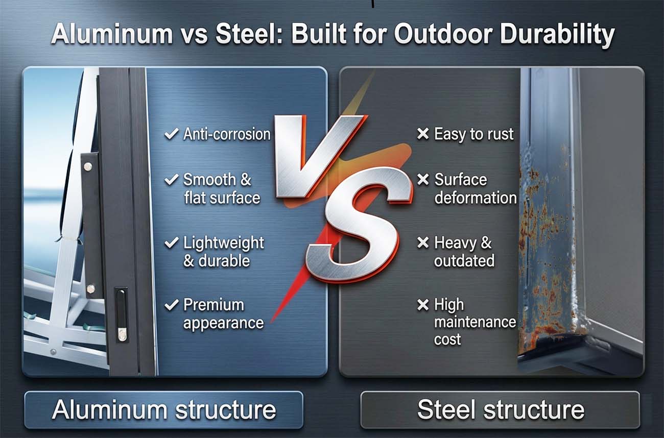Aluminum vs Steel Structure for Outdoor Digital Signage Aluminum vs steel structure comparison for outdoor digital signage, showing anti-corrosion and durability advantages