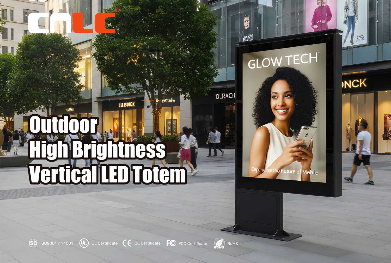 Outdoor LED Totem in Commercial Plaza Outdoor LED totem digital billboard installed in a shopping mall plaza for advertising and public display