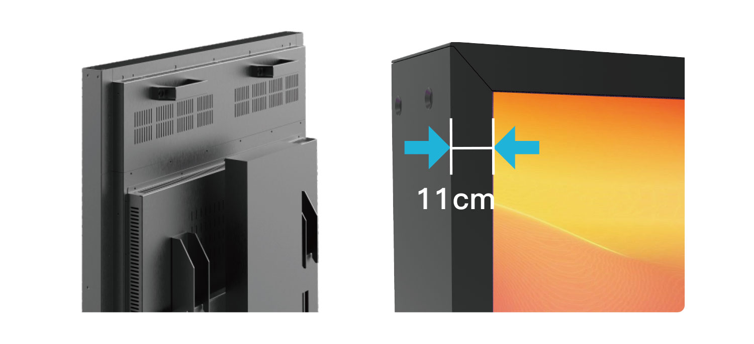 Retail window display with aluminum frame and 11 cm slim bezel for a clean storefront appearance