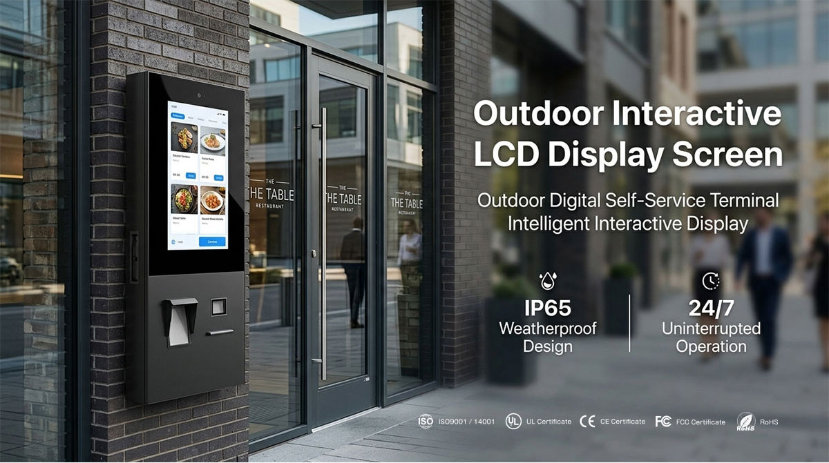 Outdoor interactive kiosk used for smart city wayfinding and public information display in urban environment