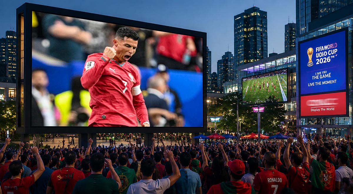 Outdoor LED display broadcasting a live football match as fans celebrate a goal during the 2026 World Cup fan zone.