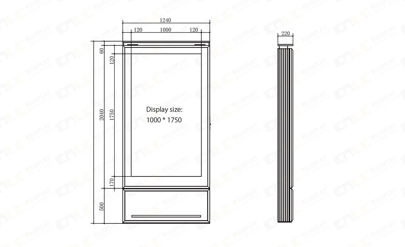 Outdoor LED Totem Dimensions and Installation Specifications Dimension drawing of the outdoor LED totem display with cabinet size and installation specifications