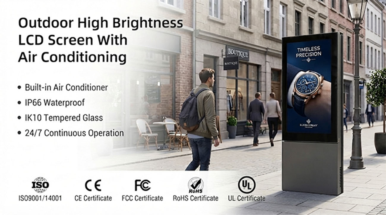 High brightness outdoor LCD signage installed in smart city environment