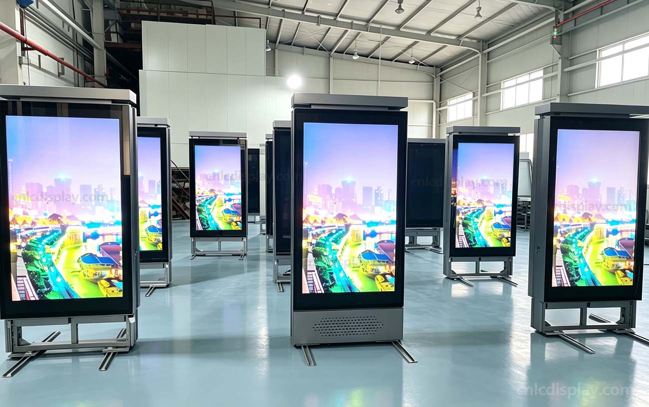 LCD display totem undergoing testing and commissioning at the CNLC factory