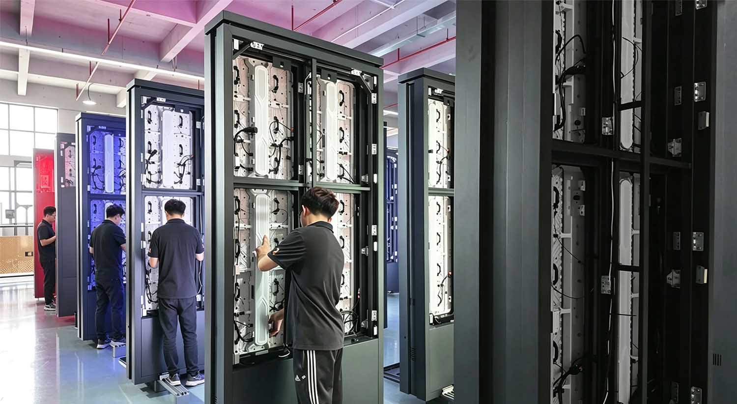 LED modules and internal components being integrated into an outdoor LED totem display enclosure