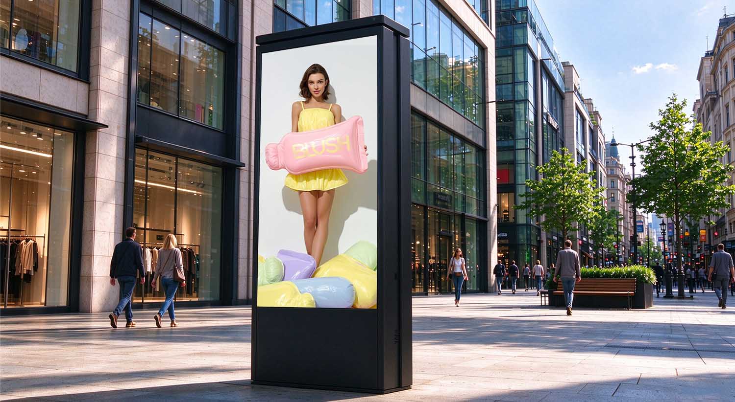 Freestanding LED advertising display for close-viewing digital out-of-home advertising in a commercial pedestrian street