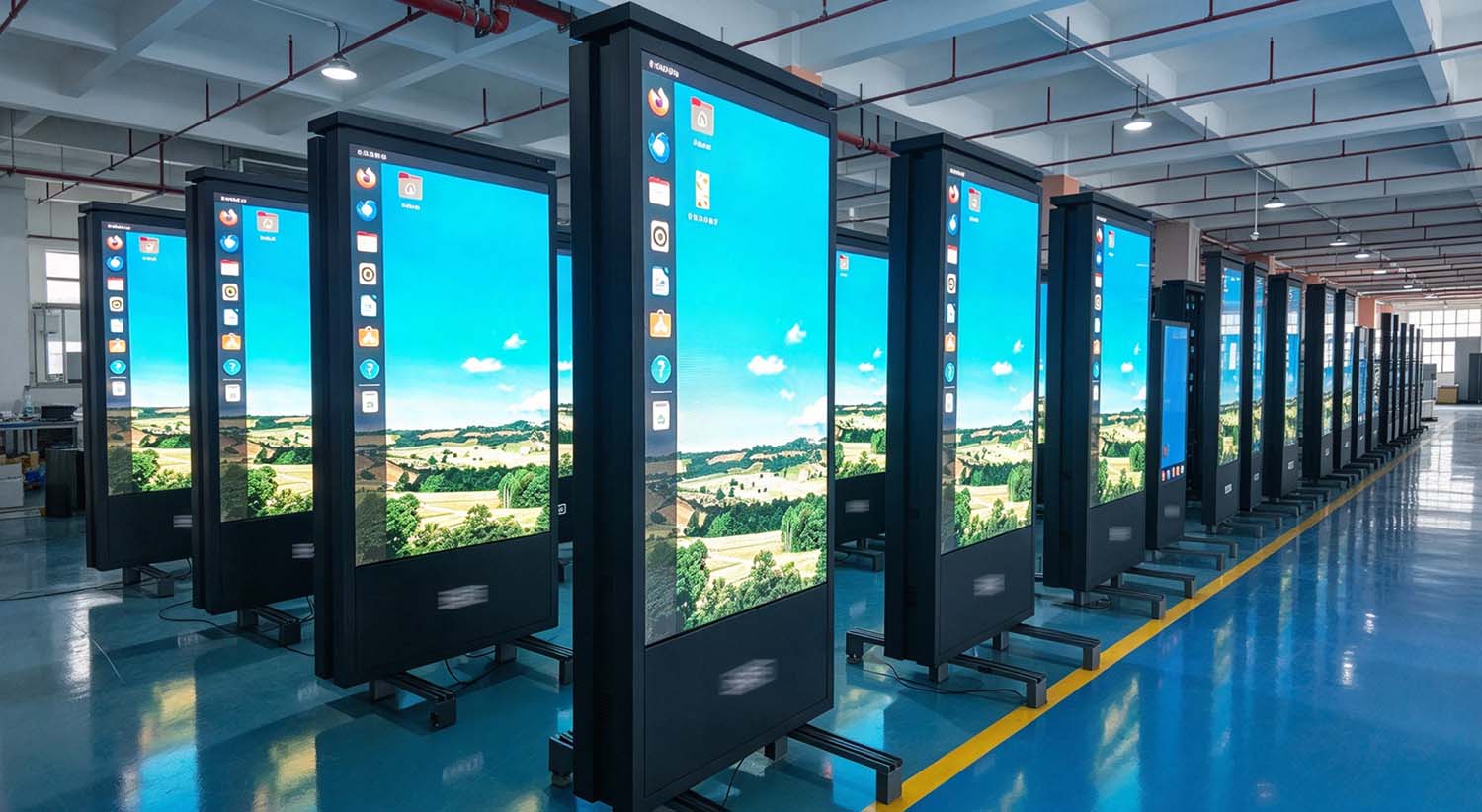 Finished outdoor LED totem displays arranged for batch delivery for a European DOOH project